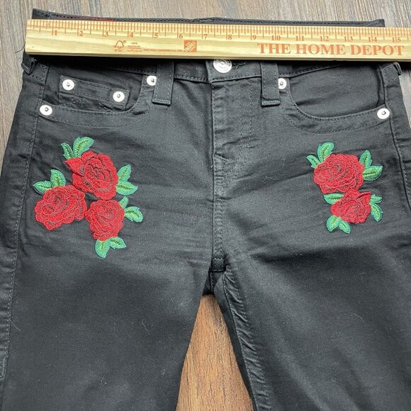 True Religion Black Super Skinny Rose Embroidered Jeans Womens Size 29x29 - Picture 7 of 11